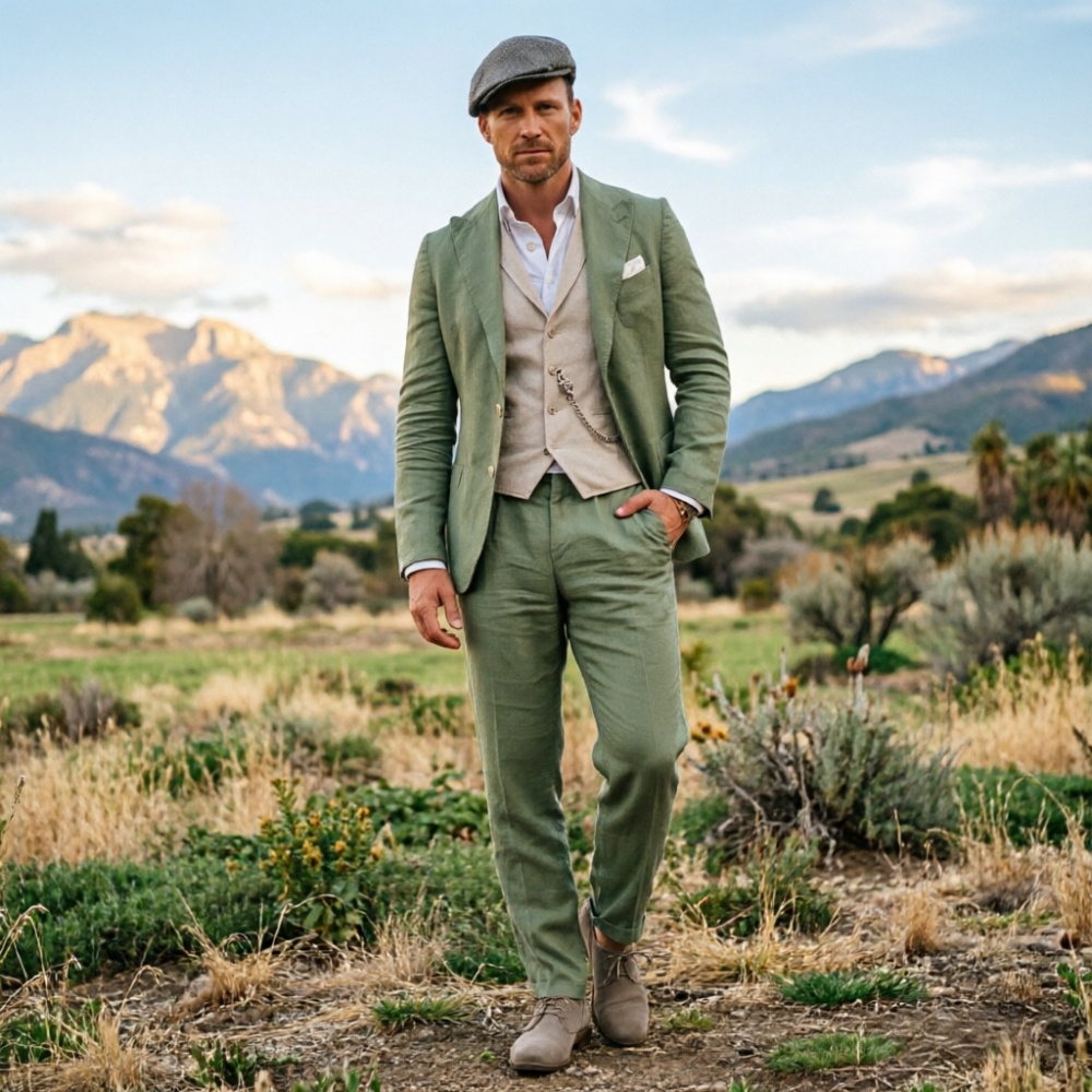 Sage Green Linen Men 3 Piece S - огляд і ціна Men Formal Wear Green