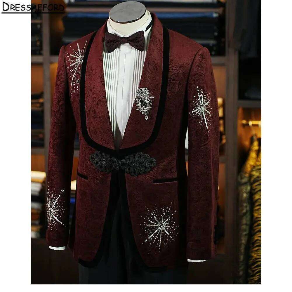 Dark Red Jacquard Crystal Bead - огляд і ціна Men Formal Wear Red