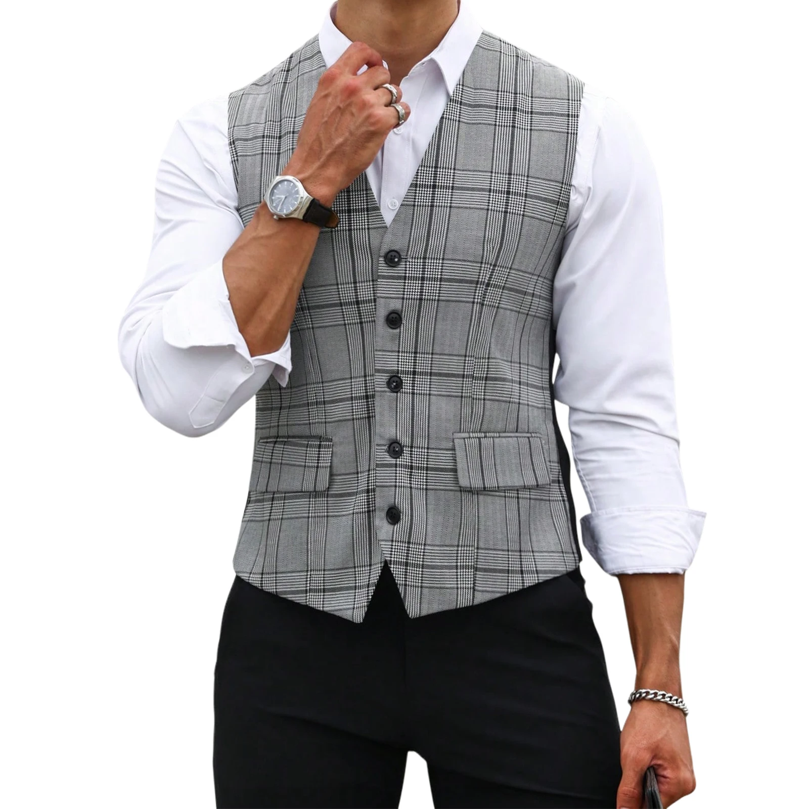 Men Grey Plaid Suit Vest Slim  - огляд і ціна Men Formal Wear Vest