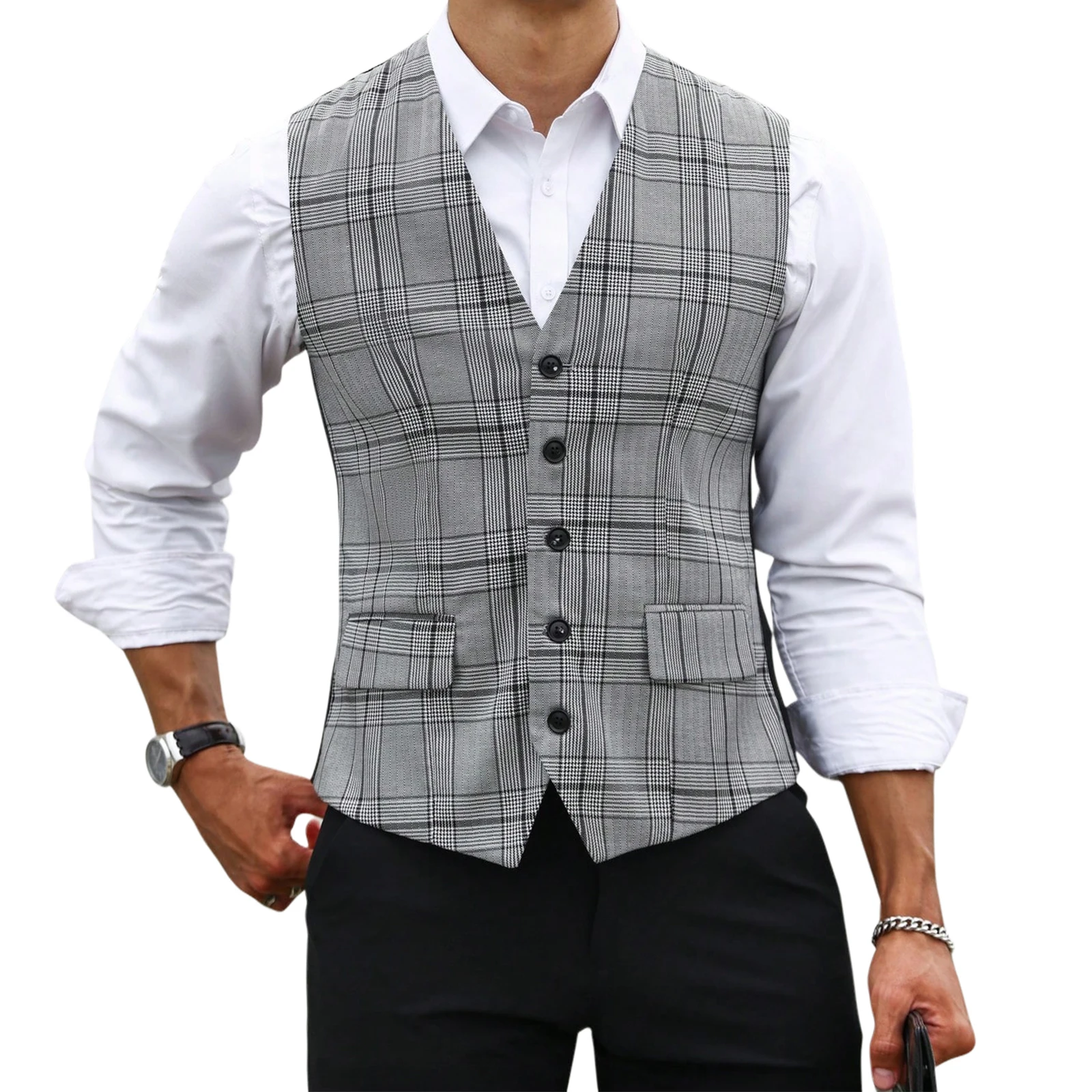 Men Grey Plaid Suit Vest Slim  - огляд і ціна Men Formal Wear Vest