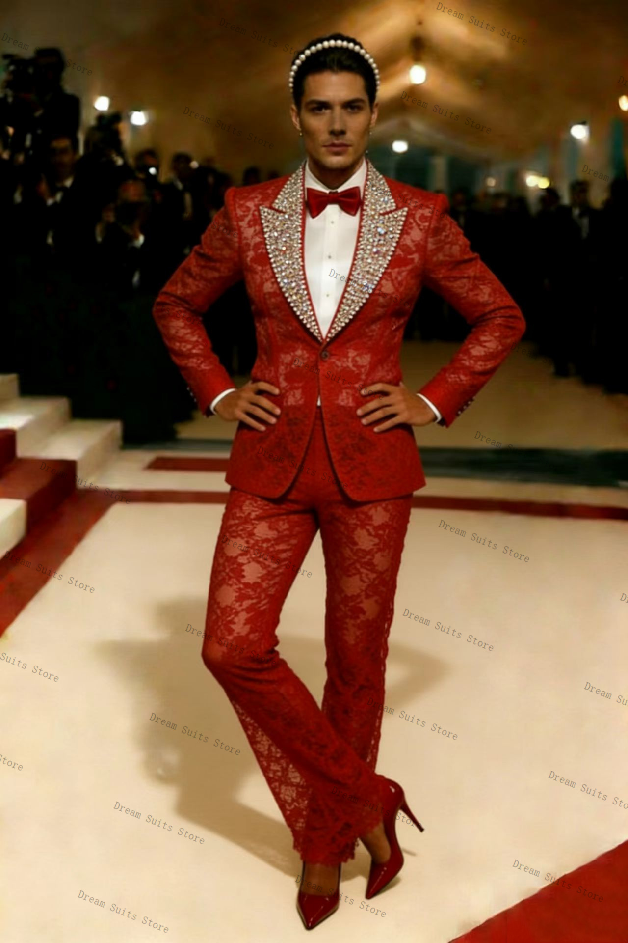 Gold Crystals Men Suit Set 2 P - огляд і ціна Men Formal Wear Red
